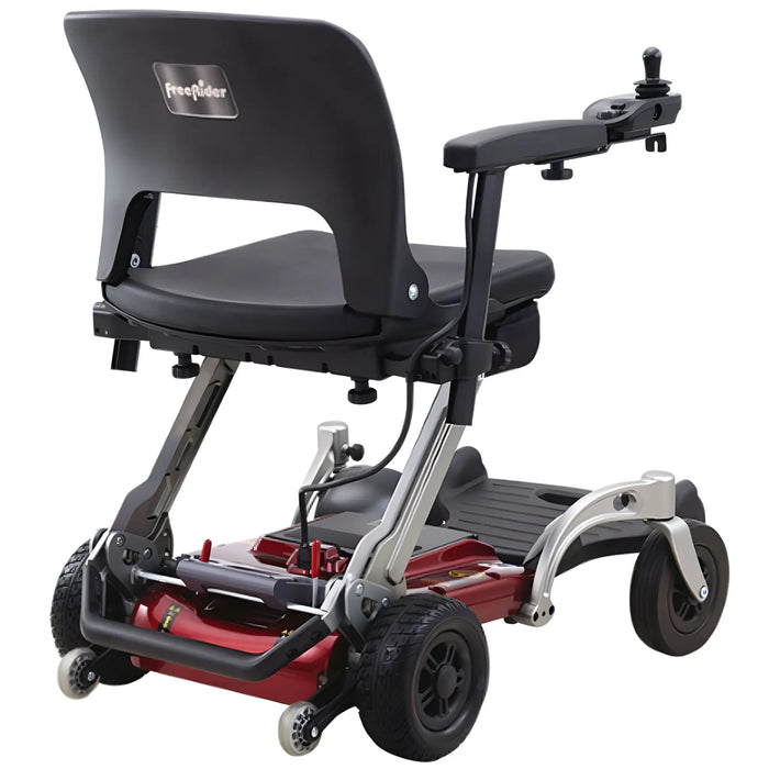 FreeRider Luggie portable travel power wheelchair, red, rear angle view