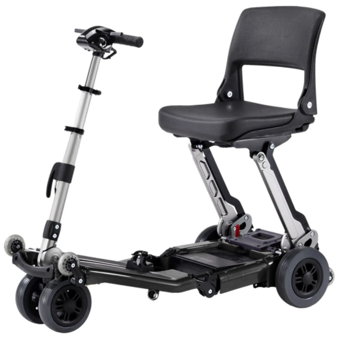 FreeRider Luggie Standard folding travel mobility scooter, black, front angle view