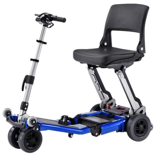 FreeRider Luggie Standard folding travel mobility scooter, blue, front angle view