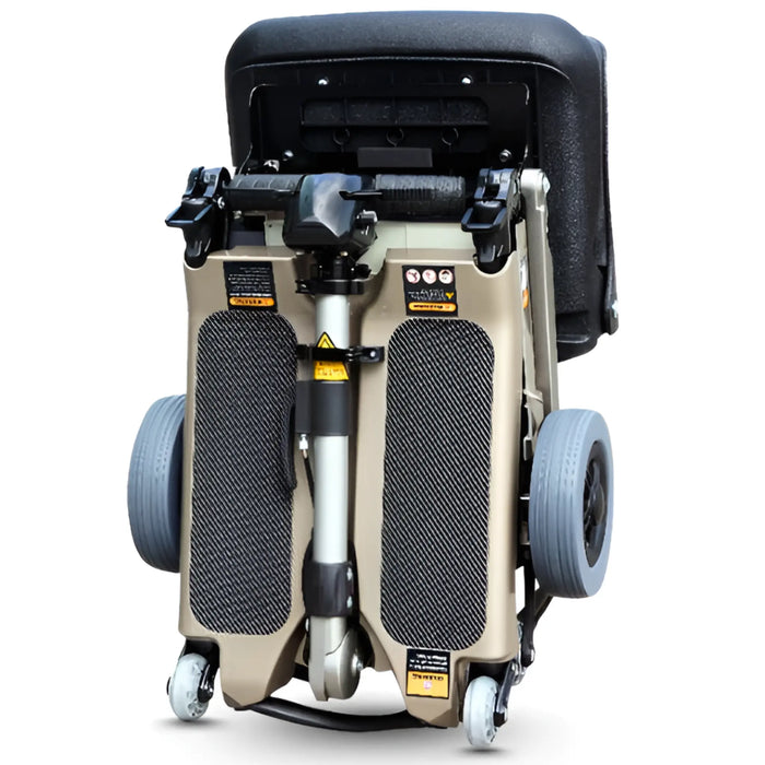 FreeRider Luggie Standard folding travel mobility scooter, champagne, folded upright front angle view