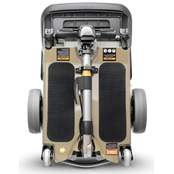 FreeRider Luggie Standard folding travel mobility scooter, champagne, folded upright front view