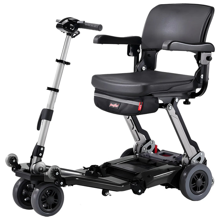 FreeRider Luggie Super folding travel mobility scooter, black, front angle view