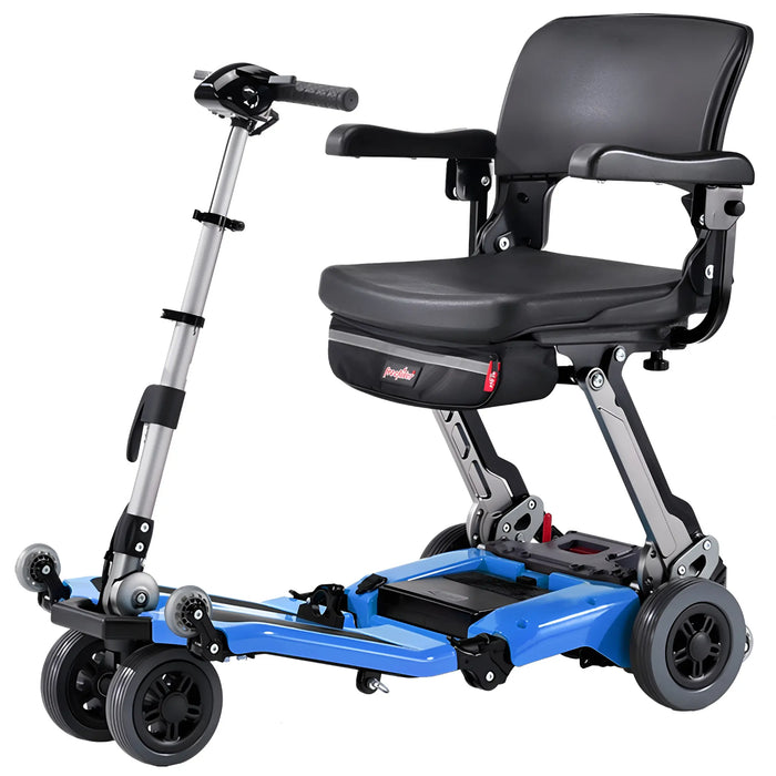FreeRider Luggie Super folding travel mobility scooter, blue, front angle view