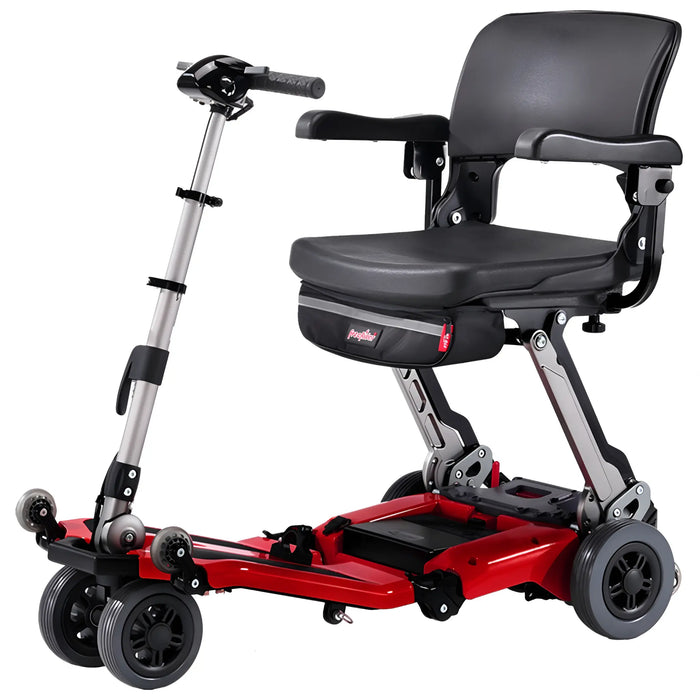 FreeRider Luggie Super folding travel mobility scooter, red, front angle view