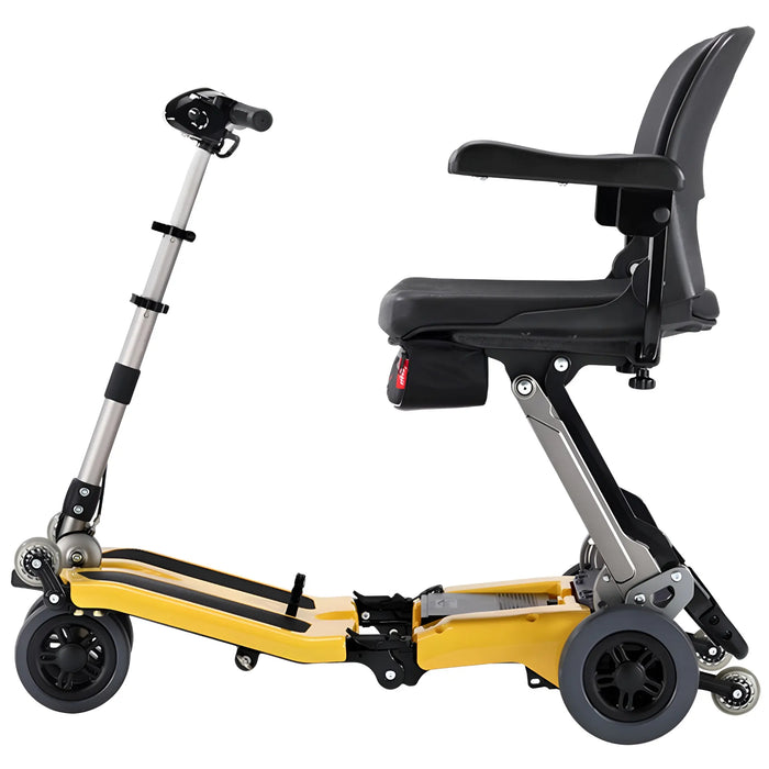 FreeRider Luggie Super folding travel mobility scooter, yellow, side view
