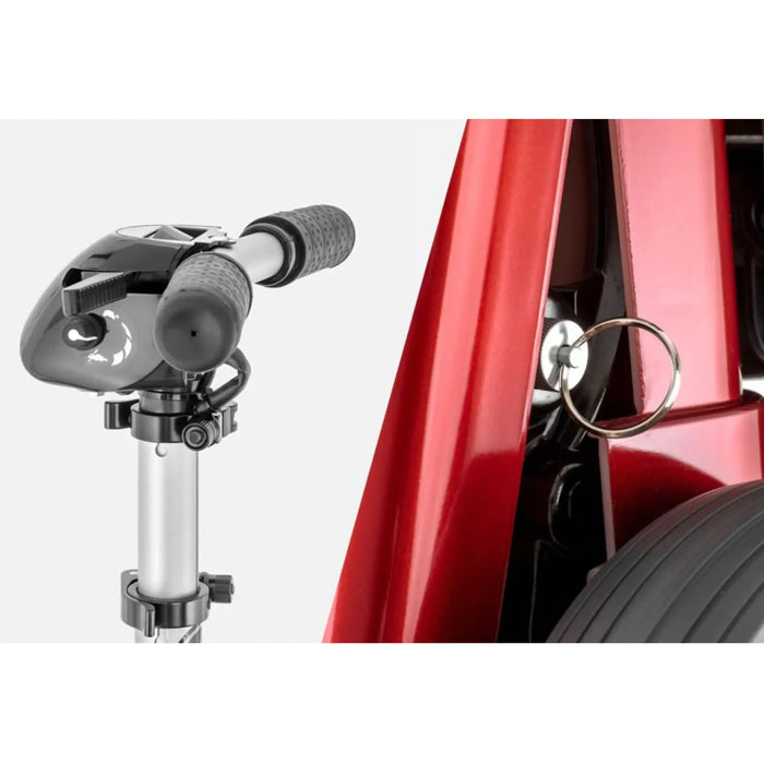 FreeRider Super Plus 3 folding compact mobility scooter, red, tiller and retaining pin close-up