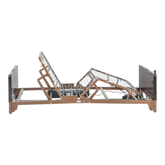 Side view of a fully electric hospital bed with the head and knee sections raised
