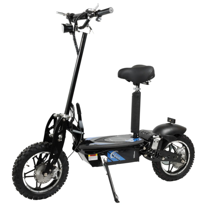 Angled front-side view of the blue GIO Cobra foldable seated electric scooter with large treaded tires, suspension system, black frame, and cushioned seat.