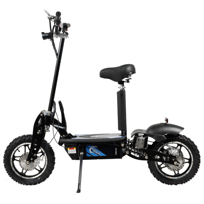 Blue GIO Cobra foldable seated electric scooter with rugged tires, front suspension, black frame, padded seat, and kickstand shown in full side profile on a white background.