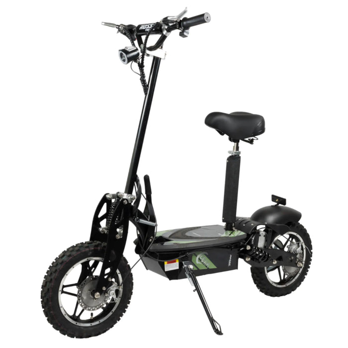 Angled front-side view of the green GIO Cobra foldable seated electric scooter showing foldable handlebars, rugged wheels, rear suspension, and padded seat on a white background.