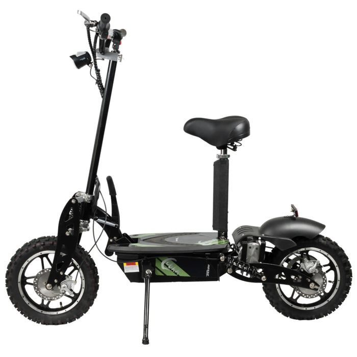 Green GIO Cobra foldable seated electric scooter featuring off-road tires, adjustable seat, front suspension, and compact folding frame displayed in side view on a white background.