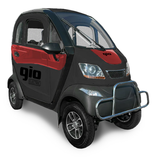 Black and red GIO Enclosed Mobility Scooter with enclosed weather-protected cabin, front bumper bar, windshield wiper, and compact three-wheel design.