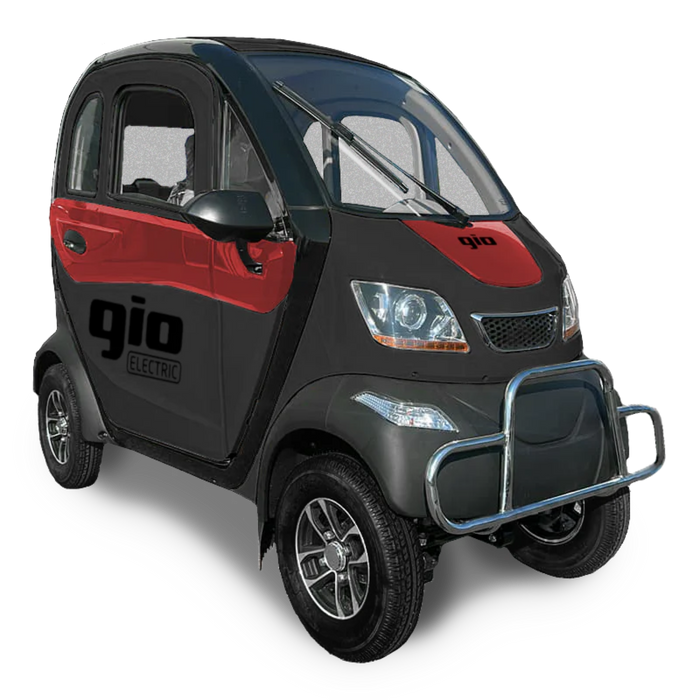 Black and red GIO Enclosed Mobility Scooter with enclosed weather-protected cabin, front bumper bar, windshield wiper, and compact three-wheel design.