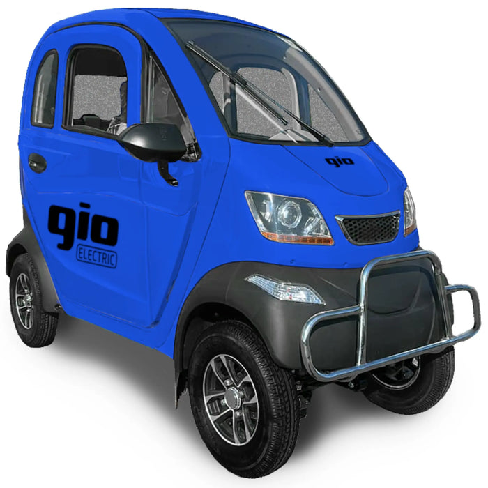 Blue GIO Enclosed Mobility Scooter with enclosed cabin, front safety bumper, windshield wiper, and compact electric mobility vehicle design.