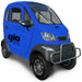 Blue GIO Enclosed Mobility Scooter with enclosed cabin, front safety bumper, windshield wiper, and compact electric mobility vehicle design.