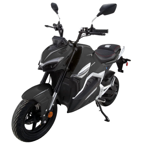 Black GIO G2000 electric motorcycle shown in a front three-quarter angle featuring angular LED lighting, sporty fairings, black wheels, mirrors, and modern urban eMotorcycle styling.