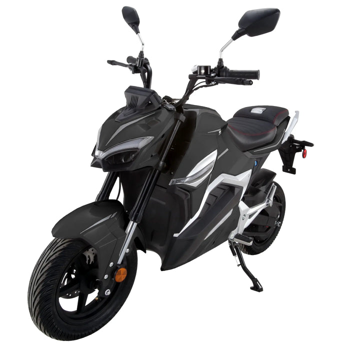 Black GIO G2000 electric motorcycle shown in a front three-quarter angle featuring angular LED lighting, sporty fairings, black wheels, mirrors, and modern urban eMotorcycle styling.