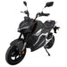 Black GIO G2000 electric motorcycle shown in a front three-quarter angle featuring angular LED lighting, sporty fairings, black wheels, mirrors, and modern urban eMotorcycle styling.