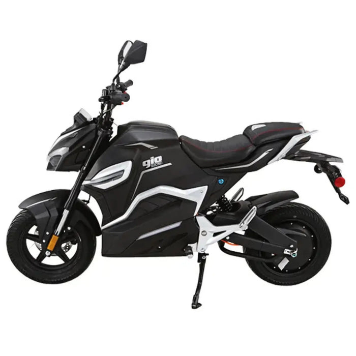 Black GIO G2000 electric motorcycle displayed in side profile with aggressive styling, black alloy wheels, sporty seat, and streamlined electric motorcycle design.