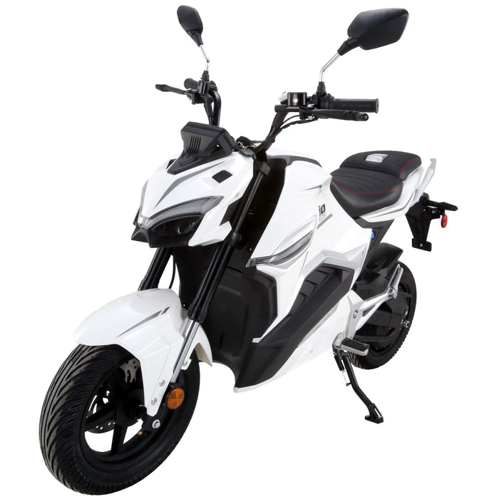 White GIO G2000 electric motorcycle shown in a front three-quarter view with sporty body styling, LED headlights, black wheels, mirrors, and stepped seat.