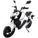 White GIO G2000 electric motorcycle shown in a front three-quarter view with sporty body styling, LED headlights, black wheels, mirrors, and stepped seat.