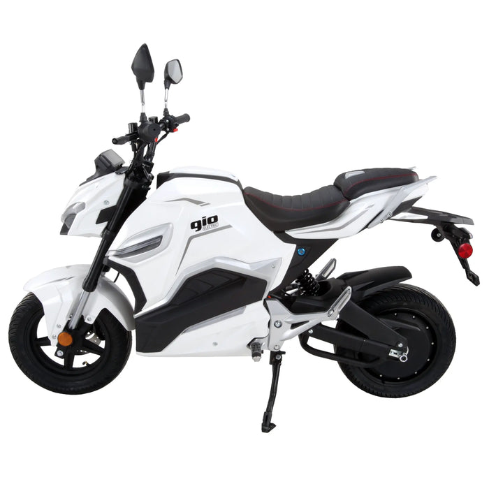 White GIO G2000 electric motorcycle in full side profile featuring a modern sport-inspired frame, black seat with red stitching, rear suspension, and sleek aerodynamic panels.