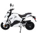 White GIO G2000 electric motorcycle in full side profile featuring a modern sport-inspired frame, black seat with red stitching, rear suspension, and sleek aerodynamic panels.