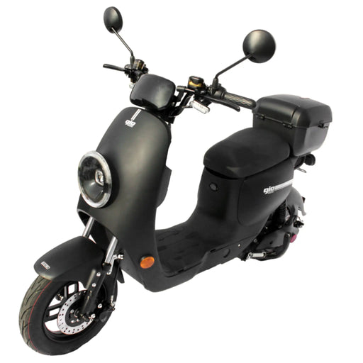Black GIO Italia-Ultra DOT-approved seated electric scooter with rear storage compartment displayed in angled front view on a white background.
