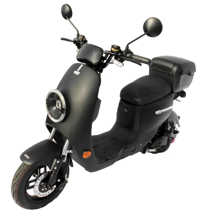 Black GIO Italia-Ultra DOT-approved seated electric scooter with rear storage compartment displayed in angled front view on a white background.