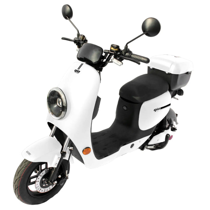 White GIO Italia-Ultra DOT-approved seated electric scooter with rear cargo box shown in angled front view on a white background.