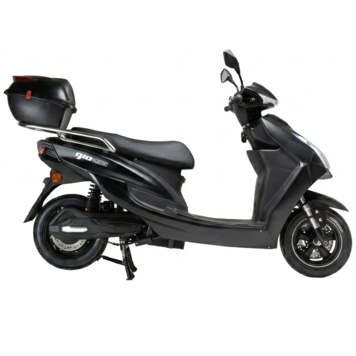 Side profile view of the black GIO Phoenix PR Moped-Style Electric Scooter featuring rear cargo box, long padded seat, alloy wheels, and step-through electric scooter frame.