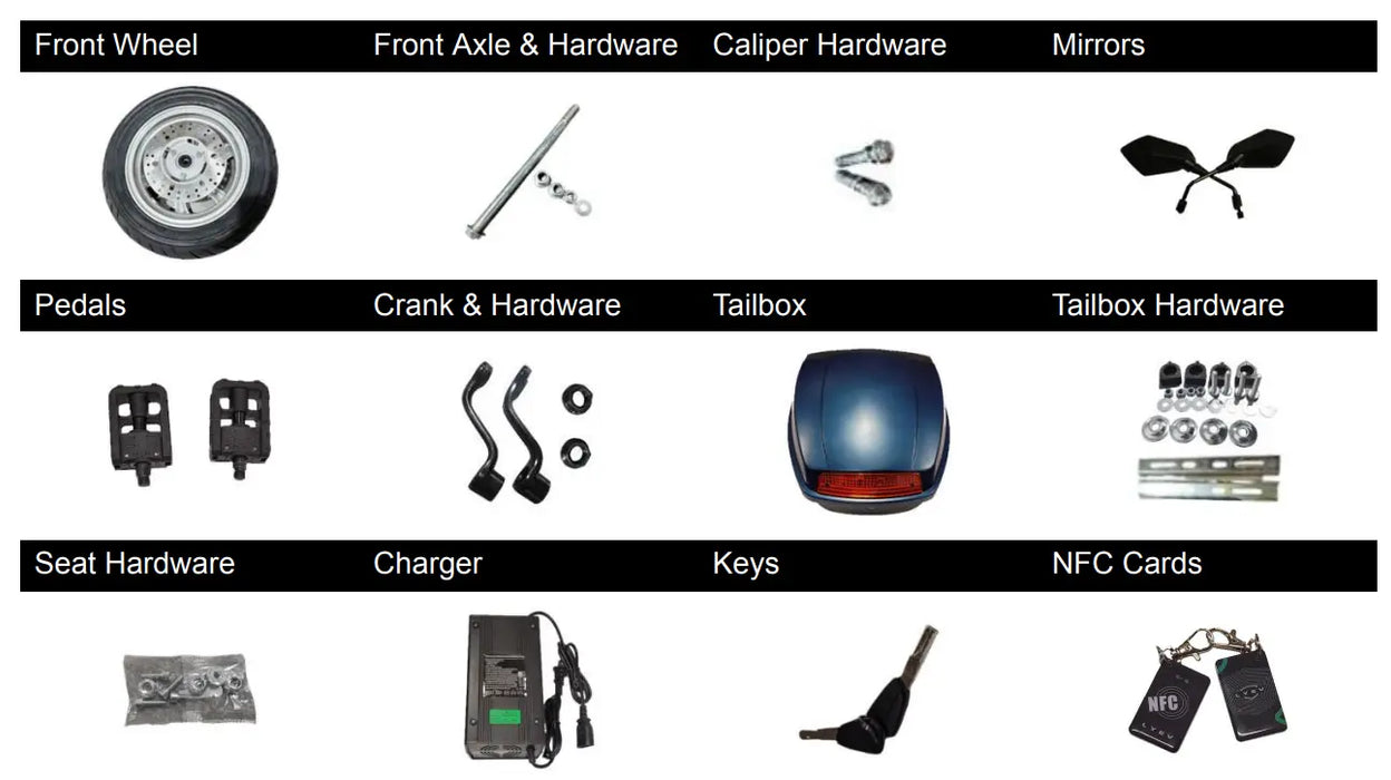 Parts and accessories overview for the GIO Phoenix PR Moped-Style Electric Scooter including front wheel, axle hardware, brake caliper hardware, mirrors, pedals, crank set, rear tailbox, mounting hardware, seat hardware, battery charger, ignition keys, and NFC access cards.