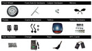 Parts and accessories overview for the GIO Phoenix PR Moped-Style Electric Scooter including front wheel, axle hardware, brake caliper hardware, mirrors, pedals, crank set, rear tailbox, mounting hardware, seat hardware, battery charger, ignition keys, and NFC access cards.