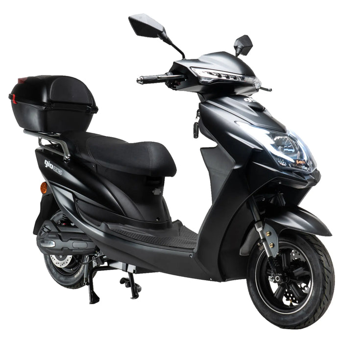 Black GIO Phoenix PR Moped-Style Electric Scooter equipped with rear storage compartment, LED front lighting, alloy wheels, and compact step-through electric scooter design.
