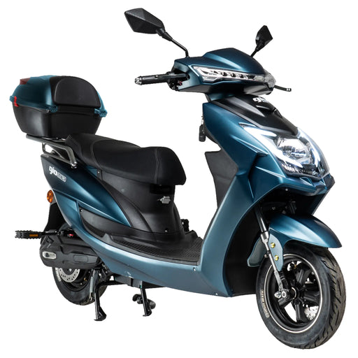 Blue GIO Phoenix PR Moped-Style Electric Scooter with integrated rear cargo box, LED headlight system, black seating, and sleek urban commuter styling.