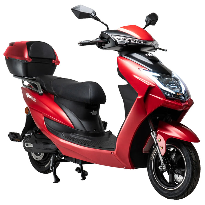Red GIO Phoenix PR Moped-Style Electric Scooter featuring modern LED lighting, rear storage trunk, black comfort seat, alloy wheels, and step-through frame design.