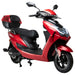 Red GIO Phoenix PR Moped-Style Electric Scooter featuring modern LED lighting, rear storage trunk, black comfort seat, alloy wheels, and step-through frame design.