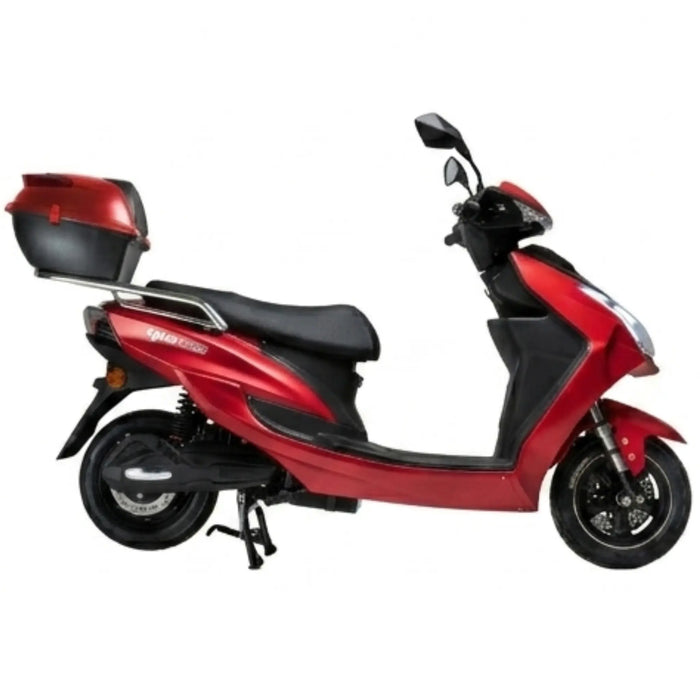 Side profile image of the red GIO Phoenix PR Moped-Style Electric Scooter equipped with rear cargo case, black seat, alloy wheels, and modern electric commuter styling.