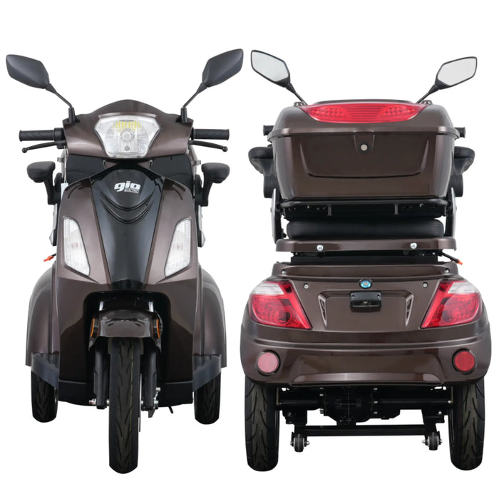 Front and rear views of the brown GIO Regal 3-Wheel Mobility Scooter showing LED headlight, mirrors, rear lighting system, and integrated storage compartment.