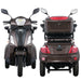 Front and rear views of the brown GIO Regal 3-Wheel Mobility Scooter showing LED headlight, mirrors, rear lighting system, and integrated storage compartment.