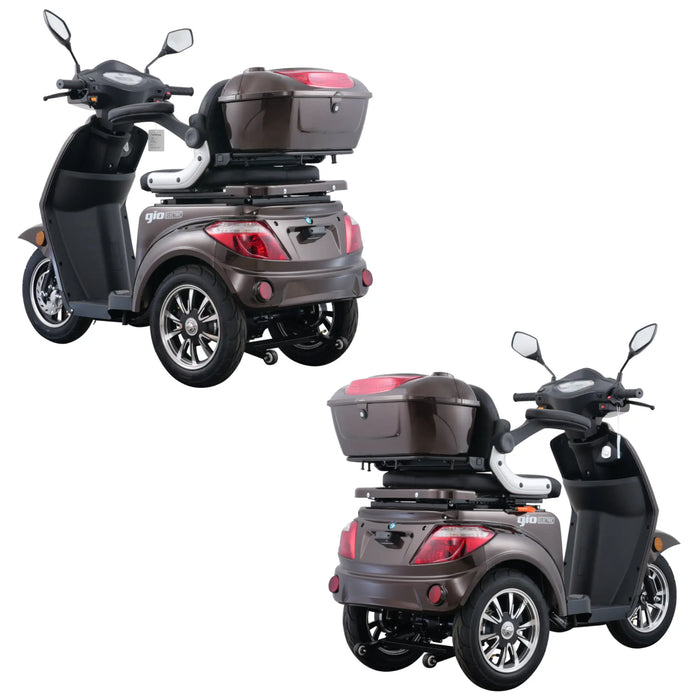 Rear three-quarter angle views of the brown GIO Regal 3-Wheel Mobility Scooter highlighting taillights, rear cargo box, stable three-wheel design, and compact frame.