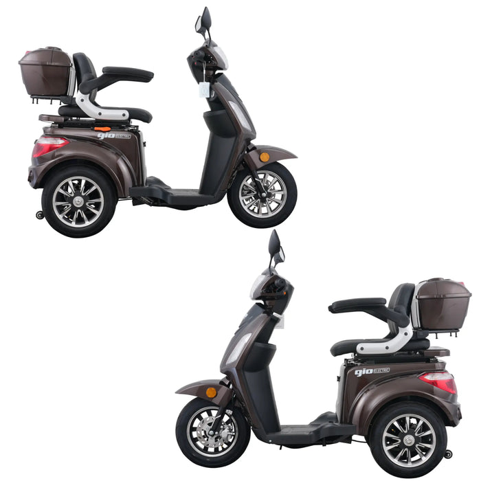 Multiple side profile views of the brown GIO Regal 3-Wheel Mobility Scooter showing left and right sides, padded seating, rear storage compartment, and alloy wheels.