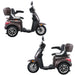 Multiple side profile views of the brown GIO Regal 3-Wheel Mobility Scooter showing left and right sides, padded seating, rear storage compartment, and alloy wheels.
