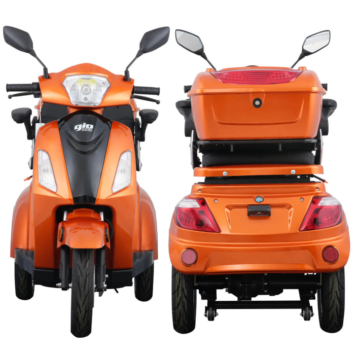 Front and rear views of the orange GIO Regal 3-Wheel Mobility Scooter displaying LED headlight, mirrors, rear lighting system, and integrated rear storage trunk.