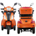 Front and rear views of the orange GIO Regal 3-Wheel Mobility Scooter displaying LED headlight, mirrors, rear lighting system, and integrated rear storage trunk.