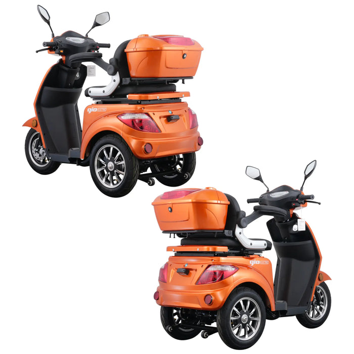 Rear three-quarter angle views of the orange GIO Regal 3-Wheel Mobility Scooter showing taillights, rear cargo compartment, stable three-wheel platform, and compact mobility design.