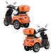 Rear three-quarter angle views of the orange GIO Regal 3-Wheel Mobility Scooter showing taillights, rear cargo compartment, stable three-wheel platform, and compact mobility design.