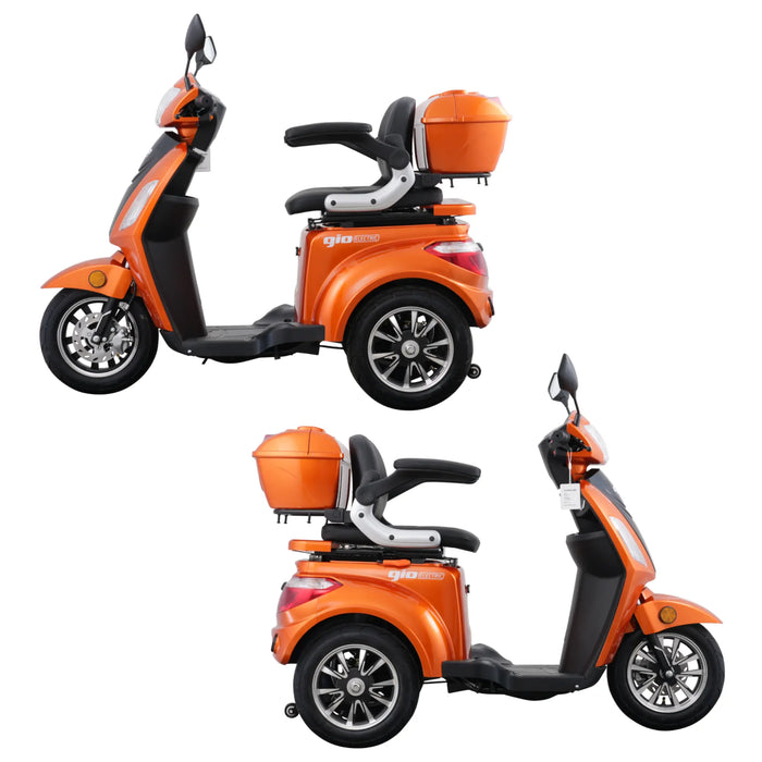 Left and right side profile views of the orange GIO Regal 3-Wheel Mobility Scooter featuring padded captain seat, rear storage box, alloy wheels, and compact step-through frame.