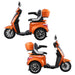 Left and right side profile views of the orange GIO Regal 3-Wheel Mobility Scooter featuring padded captain seat, rear storage box, alloy wheels, and compact step-through frame.