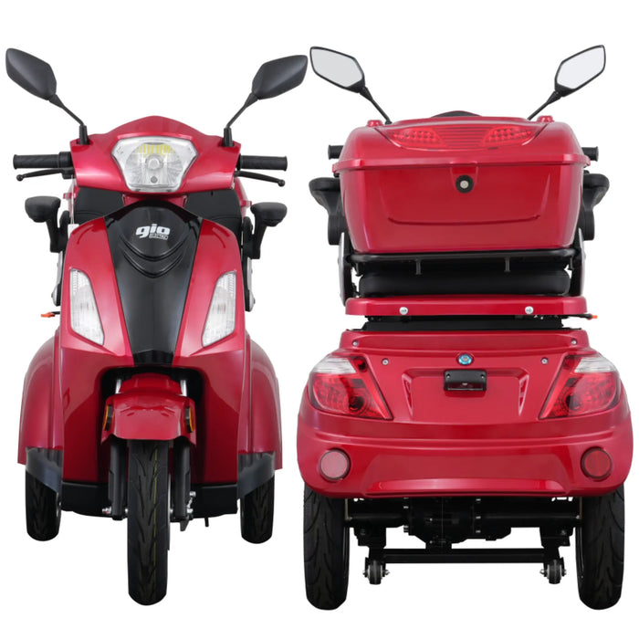 Front and rear views of the red GIO Regal 3-Wheel Mobility Scooter featuring LED headlight, rear storage box, mirrors, and rear lighting system.